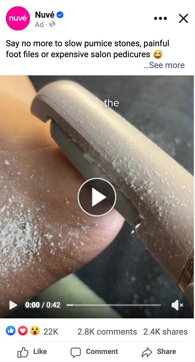 Nuvé Facebook video post showing the Silk 3 Pro removing dead skin, with 22k reactions, 2.8k comments and 2.4k shares